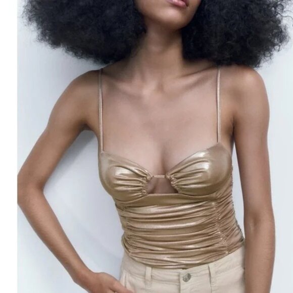 ZARA Shimmer Ruched Bodysuit XL Metallic Shiny Gold Polyester/Elastane NWT - Picture 2 of 15